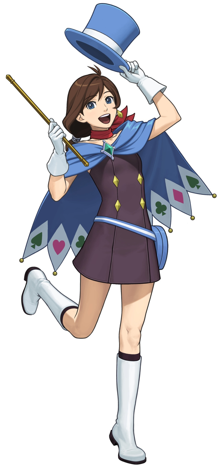 1girl :d absurdres black_skirt blue_eyes blue_hat boots brooch brown_hair cape full_body fuse_takuro gloves gyakuten_saiban gyakuten_saiban_6 hat hat_removed headwear_removed highres jewelry knee_boots looking_at_viewer naruhodou_minuki official_art open_mouth red_scarf scarf short_hair single_earring skirt smile solo standing standing_on_one_leg top_hat wand white_background white_boots white_gloves