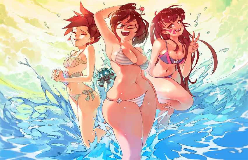 3girls ;d ahoge arm_behind_back arm_behind_head arm_up armpits bangs bare_shoulders bikini breasts brown_eyes brown_hair cleavage closed_eyes clouds cloudy_sky collarbone cowboy_shot d.va_(overwatch) drone facepaint facial_mark fingernails floating freckles hair_bun hair_ornament hair_stick hand_up harness highres large_breasts leg_up lips long_fingernails long_hair looking_at_viewer machinery medium_breasts mei_(overwatch) multiple_girls nail_polish navel ocean one_eye_closed one_leg_raised open_mouth overwatch partially_submerged pink_lips pink_nails polka_dot polka_dot_bikini robot rtil side-tie_bikini skindentation sky smile splashing standing standing_on_one_leg stomach strap_gap string_bikini striped striped_bikini swept_bangs swimsuit teeth tongue tracer_(overwatch) v very_long_hair water whisker_markings