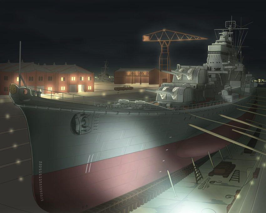 anchor building chrysanthemum commentary_request crane cruiser dock drydock flower highres imperial_japanese_navy lights maya_(cruiser) military military_vehicle night no_humans original outdoors radar railing ship shipyard shiro_yukimichi turret warship watercraft world_war_ii