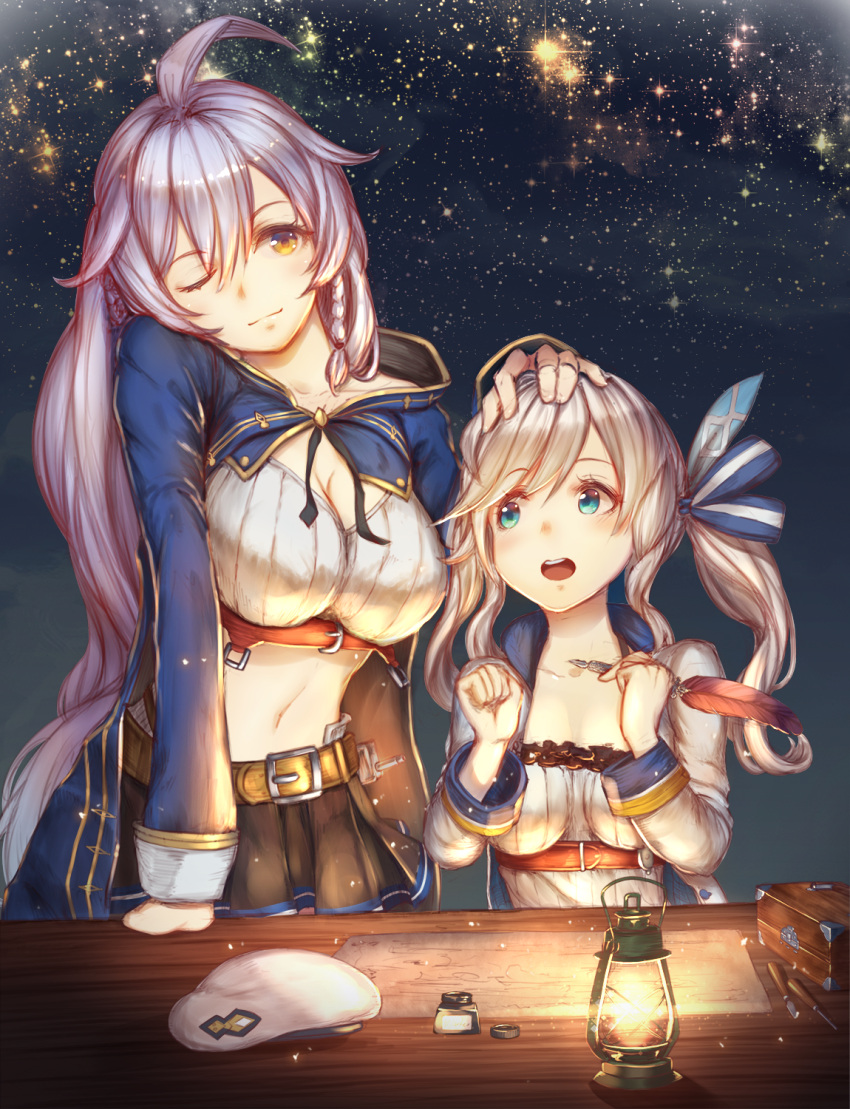 2girls :d ahoge bangs bazooka_oiran belt beret black_skirt blue_eyes blush braid breasts cleavage closed_mouth coat collarbone eyebrows eyebrows_visible_through_hair granblue_fantasy hair_between_eyes hair_ribbon hand_on_another's_head hat hat_removed headwear_removed highres holding inkwell kukuru_(granblue_fantasy) lantern large_breasts lavender_hair light long_hair long_sleeves looking_at_another map medium_breasts miniskirt multiple_girls navel night night_sky open_clothes open_coat open_mouth orange_eyes outdoors pleated_skirt quill ribbon silva_(granblue_fantasy) silver_hair skirt sky smile star_(sky) striped striped_ribbon table teeth twin_braids twintails very_long_hair white_hat