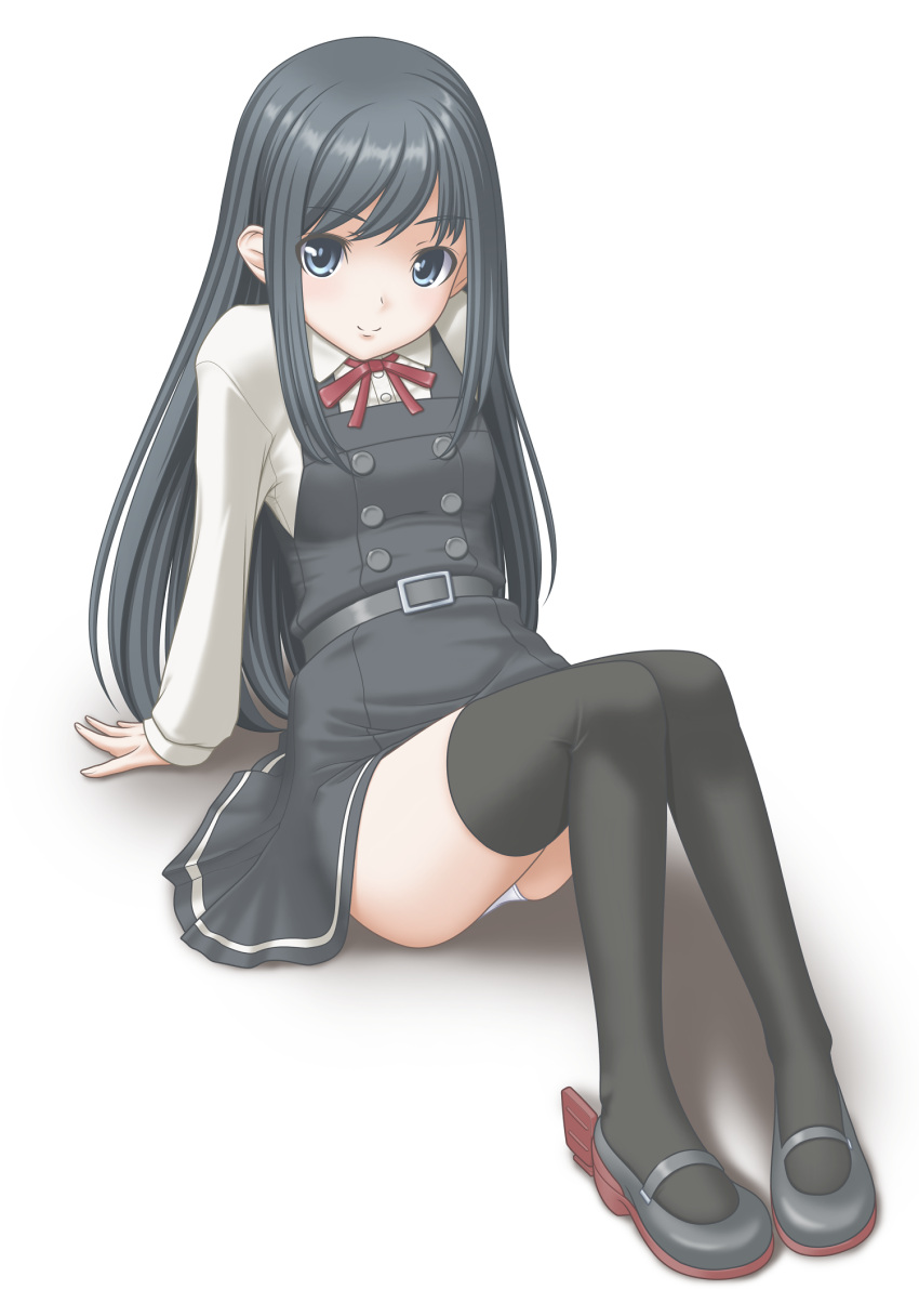 1girl asashio_(kantai_collection) belt black_hair black_legwear blue_eyes breasts buttons dress highres kantai_collection long_hair long_sleeves looking_at_viewer neck_ribbon panties pinafore_dress red_ribbon remodel_(kantai_collection) ribbon school_uniform shadow shirt shoes small_breasts smile solo t2r thigh-highs underwear white_background white_panties white_shirt