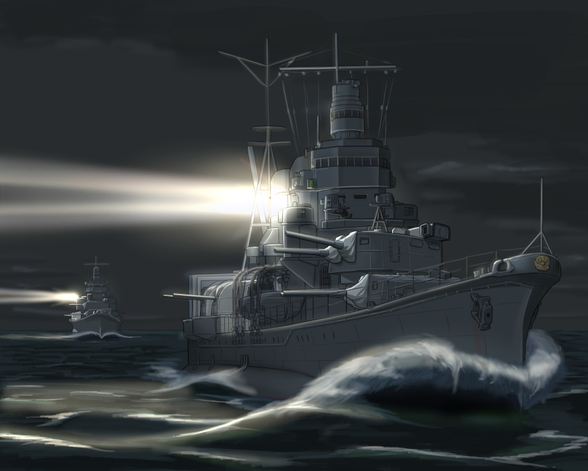 anchor aoba_(cruiser) commentary_request cruiser highres imperial_japanese_navy military military_vehicle night night_sky no_humans ocean original railing searchlight ship shiro_yukimichi sky turret wake warship water watercraft waves world_war_ii