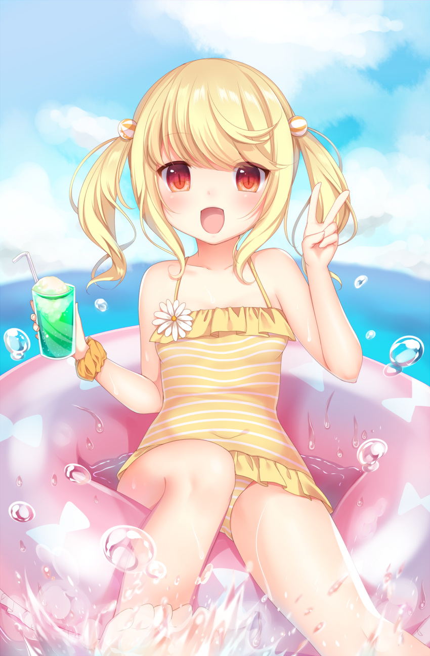1girl amashiro_natsuki blonde_hair breasts collarbone eyebrows flower hair_ornament highres holding innertube long_hair looking_at_viewer ocean open_mouth original outdoors red_eyes sitting small_breasts solo striped striped_swimsuit swimsuit wristband yellow_swimsuit