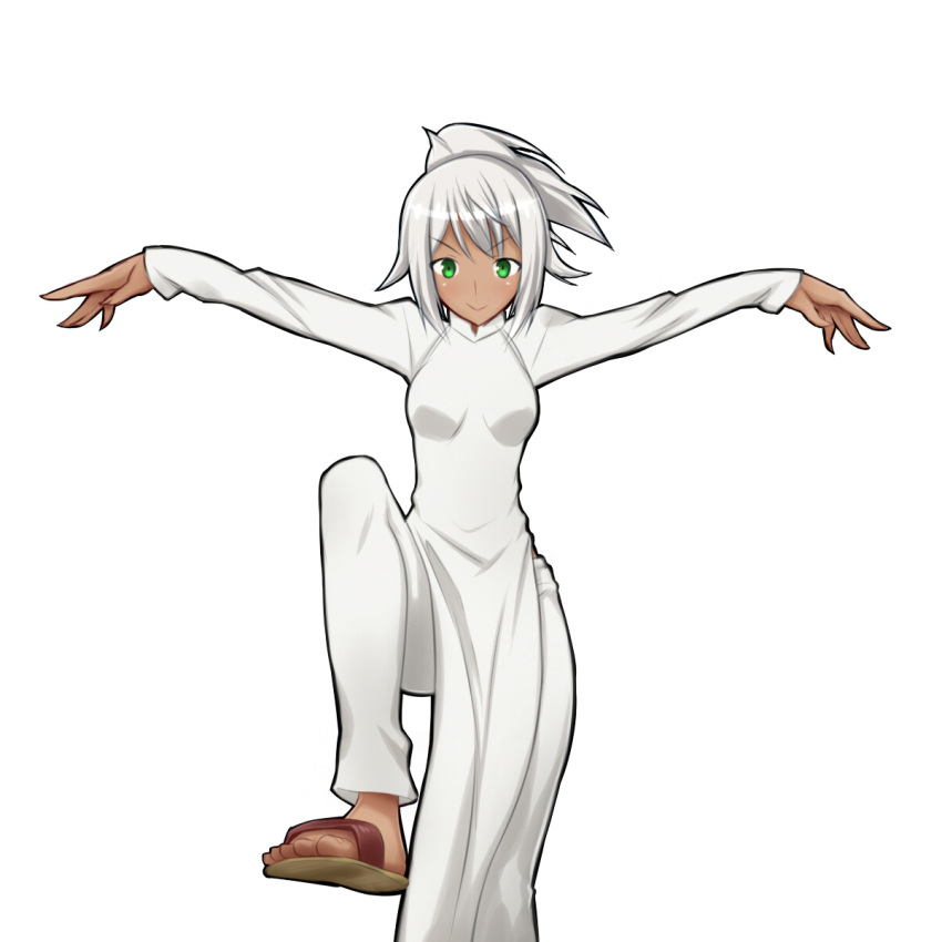 crane_stance dark_skin feet fighting_stance flying_witch green_eyes highres kowata_akane martial_arts ponytail ramuna_itou sandals smile tied_hair toes vietnamese_dress white_hair