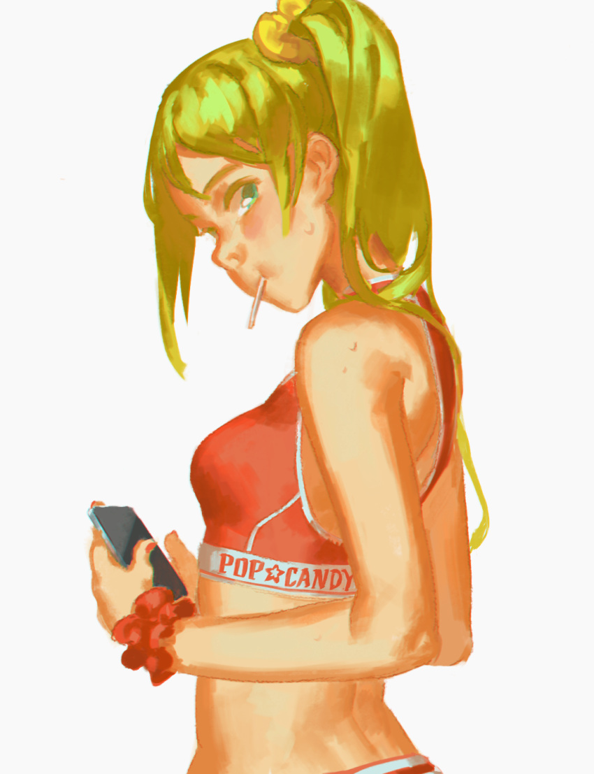 1girl blonde_hair candy cellphone crop_top exercise from_side green_eyes highres holding holding_phone lollipop long_hair looking_at_viewer midriff nail_polish original pachyphytum phone red_nails scrunchie side_ponytail simple_background smartphone solo sweat tank_top white_background