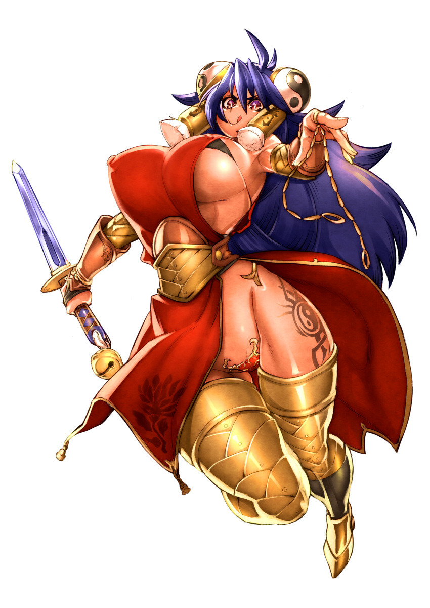 1girl :q blue_hair breasts covered_nipples curvy highres hips konakona large_breasts long_hair looking_at_viewer original sideboob simple_background smile solo sword thighs tongue tongue_out violet_eyes weapon white_background wide_hips