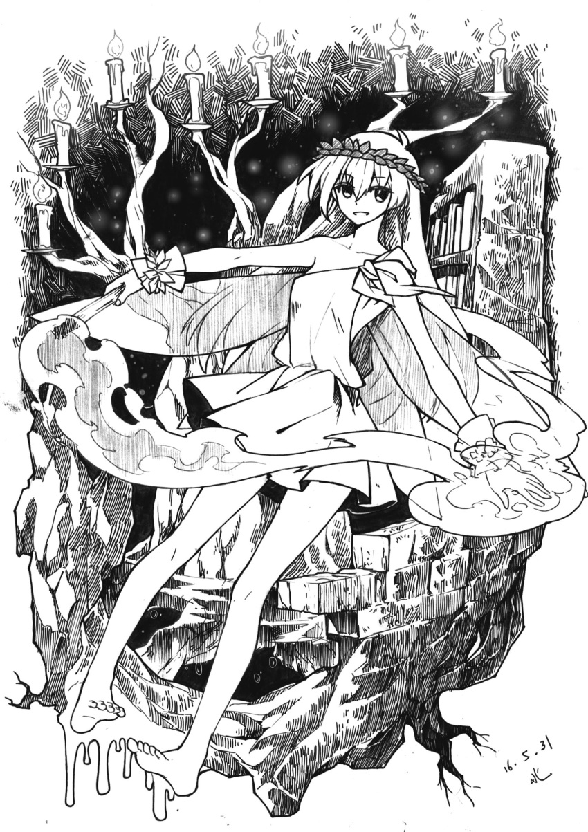 1girl absurdres alternate_costume barefoot bookshelf candle clownpiece dated dress highres ko_kita laurel_crown long_hair monochrome open_mouth smile solo torch touhou tree