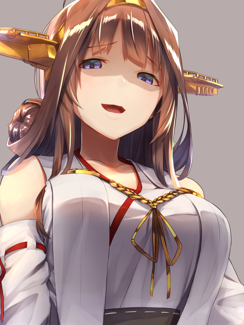 1girl absurdres ahoge baffu bangs bare_shoulders blue_eyes blush breasts brown_hair detached_sleeves double_bun grey_background hairband headgear highres japanese_clothes kantai_collection kongou_(kantai_collection) large_breasts long_hair looking_at_viewer nontraditional_miko open_mouth ribbon-trimmed_sleeves ribbon_trim shaded_face simple_background smile solo yandere