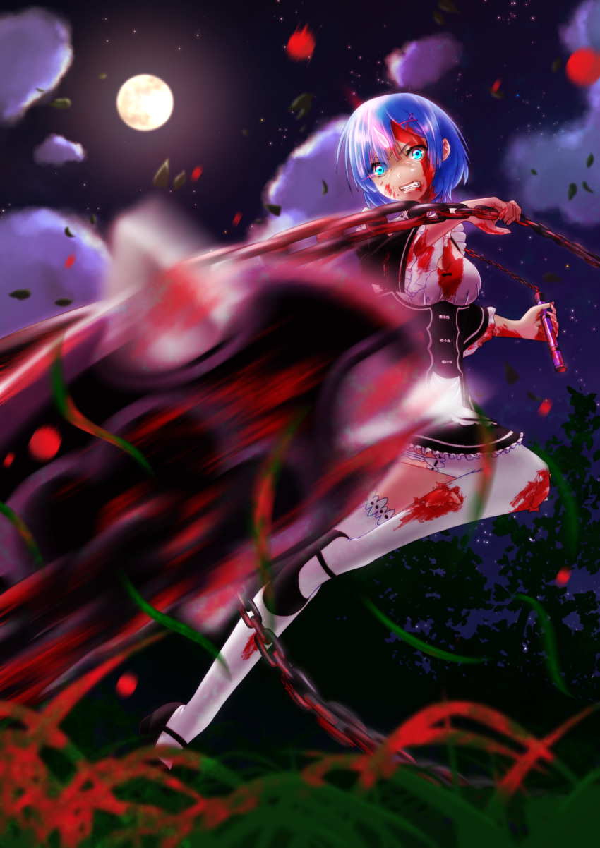 1girl ball_and_chain black_shoes blood blood_on_arm blood_on_face bloody_clothes blue_eyes blue_hair blurry chain clenched_teeth clouds depth_of_field full_moon glowing glowing_eyes grass hair_ornament hair_over_one_eye highres holding holding_weapon horn leaf maid mary_janes moon night parsue re:zero_kara_hajimeru_isekai_seikatsu rem_(re:zero) shoes short_hair solo spoilers teeth thigh-highs torn_clothes torn_thighhighs weapon white_legwear x_hair_ornament