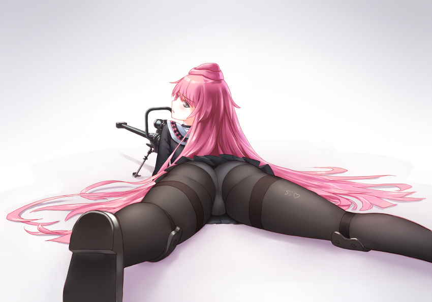 1girl anti-materiel_rifle ass black_legwear black_shoes black_skirt blue_eyes body_writing eyebrows eyebrows_visible_through_hair from_behind girls_frontline gun hat highres knee_pads long_hair long_sleeves looking_at_viewer looking_back lying miniskirt ntw-20 ntw-20_(girls_frontline) on_stomach panties panties_under_pantyhose pantyhose pink_hair pink_hat pleated_skirt rifle shoe_soles shoes si_(ruanmumu) skirt sniper_rifle solo spread_legs thigh_strap underwear very_long_hair weapon white_panties