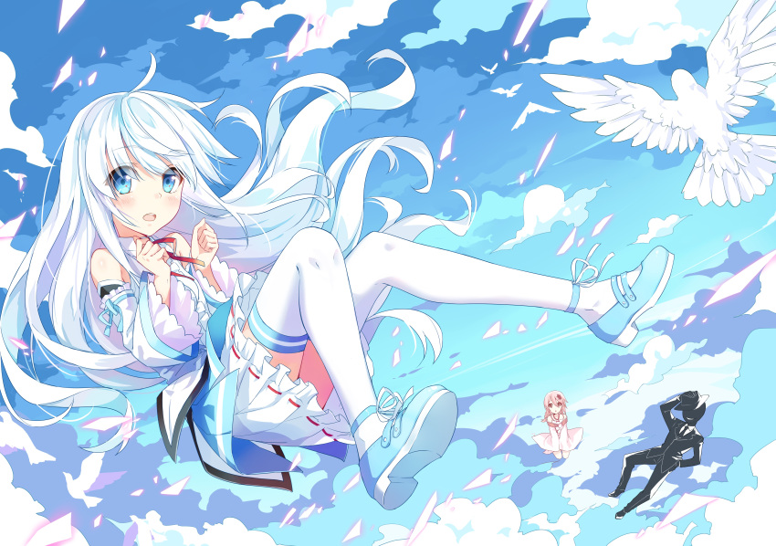 1boy 2girls absurdres artist_request bird blue_eyes detached_sleeves dove floating_hair highres kuuki_shoujo long_hair looking_at_viewer mary_janes multiple_girls open_mouth shoes skirt sky solo the_personfication_of_atmosphere thigh-highs white_hair