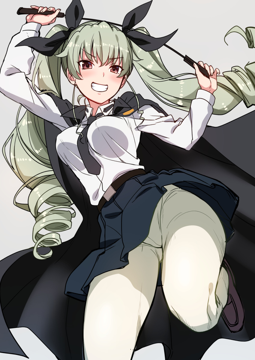 1girl anchovy belt black_necktie black_ribbon blush breasts brown_eyes cape commentary_request cut_(bu-kunn) drill_hair girls_und_panzer green_hair grin hair_ribbon highres loafers long_hair long_sleeves looking_at_viewer necktie pantyhose ribbon riding_crop shirt shoes skirt smile solo teeth twin_drills twintails white_legwear white_shirt