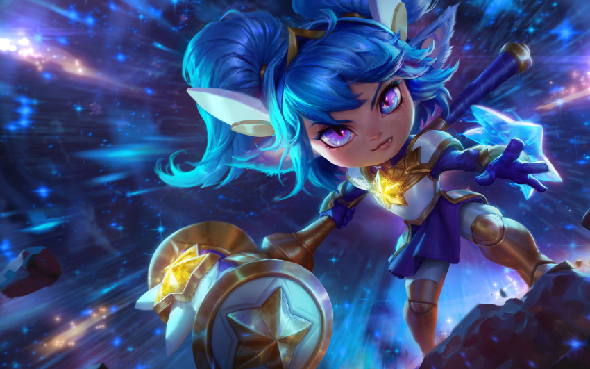 1girl alternate_costume alternate_hairstyle blue_eyes blue_gloves blue_hair breastplate fang gloves greaves hammer highres kiu_(larckiu) league_of_legends long_hair magical_girl official_art panties pantyhose poppy skirt solo star star_guardian_poppy tiara twintails underwear weapon white_legwear yordle