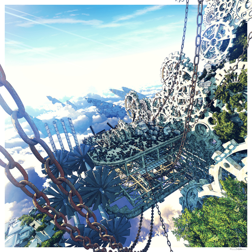 building chain clouds fantasy from_above gears no_humans original outdoors rust scenery signature sky sunlight town tree waisshu_(sougyokyuu) windmill