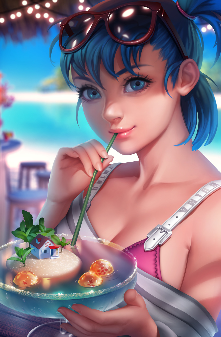 1girl absurdres artist_name bangs beach bikini bikini_under_clothes blue_hair blurry breasts buckle bulma character_name christmas_lights cleavage cocktail collaboration collarbone day depth_of_field dragon_ball dragon_ball_(object) drink drinking drinking_straw eyelashes fingernails highres huge_filesize jonathan_hamilton lipgloss lips lisa_buijteweg looking_at_viewer medium_breasts miniature off_shoulder red-framed_eyewear short_hair side_ponytail signature smile solo stool sunglasses sunglasses_on_head swimsuit upper_body watermark