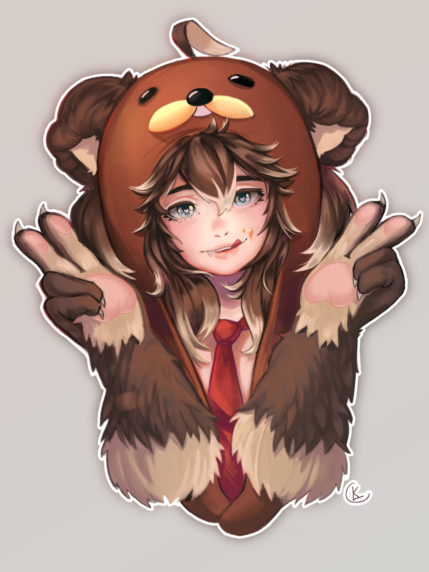 1girl :q ahoge animal_ears barb-tan bear_ears bear_hood blonde_hair blue_eyes borrowed_character brown_fur brown_hair claws double_v fang_out fur gradient_hair head_tilt heart heart-shaped_pupils highres honey looking_at_viewer lucky_clover_(luckyxclover) multicolored_hair necktie original paws signature simple_background solo symbol-shaped_pupils tongue tongue_out two-tone_hair upper_body v