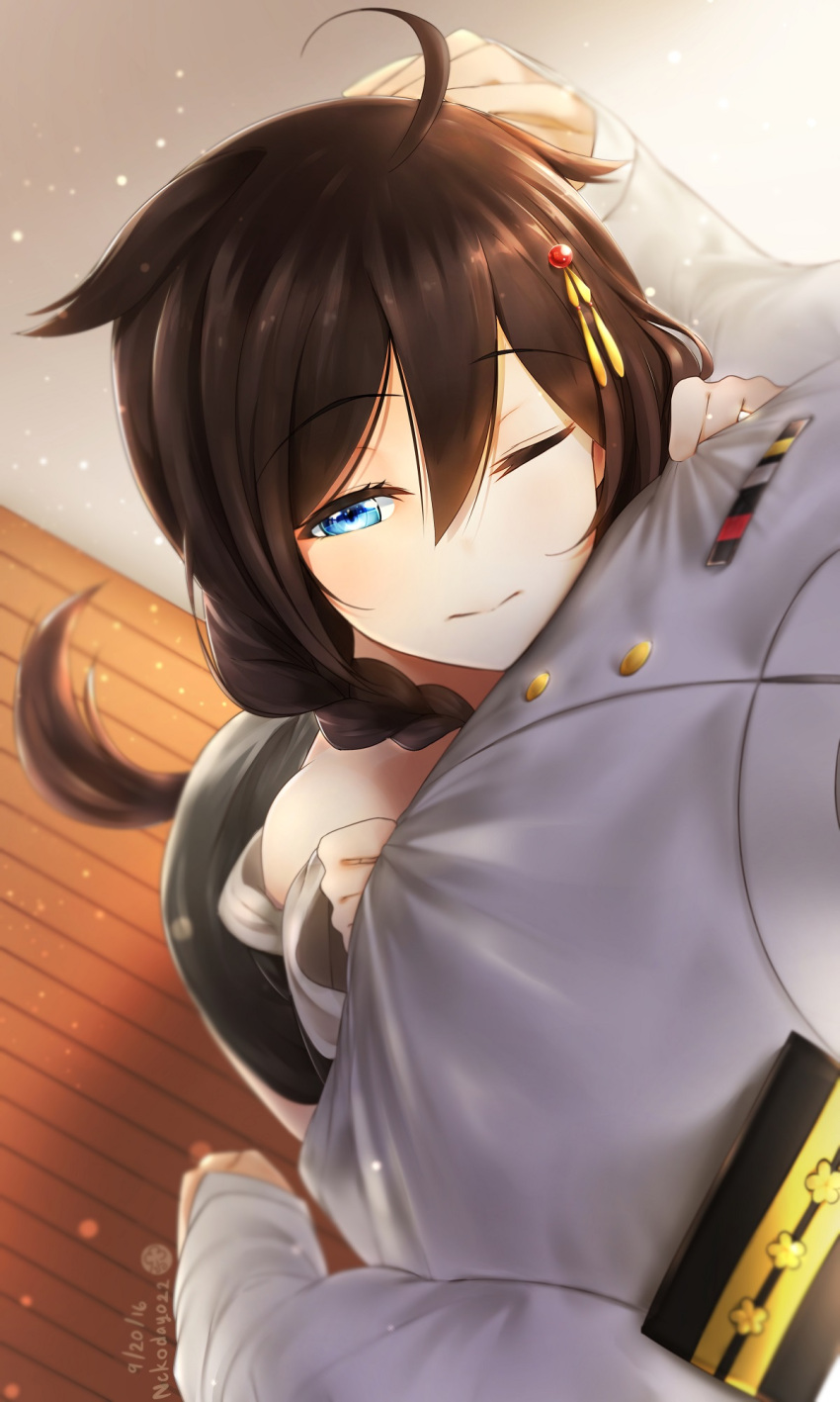 1boy 1girl 2016 admiral_(kantai_collection) ahoge arm_at_side bangs bare_shoulders black_hair blue_eyes blurry braid closed_mouth clothes_grab depth_of_field eyebrows eyebrows_visible_through_hair eyelashes from_above hair_between_eyes hair_flaps hair_ornament hair_over_shoulder hairclip hand_on_another's_head head_out_of_frame highres kantai_collection kemonomimi_mode light_particles long_sleeves looking_at_viewer military military_uniform naval_uniform nekodayo22 off_shoulder one_eye_closed remodel_(kantai_collection) shigure_(kantai_collection) single_braid sleeves_past_wrists solo_focus standing tail twitter_username uniform wooden_floor