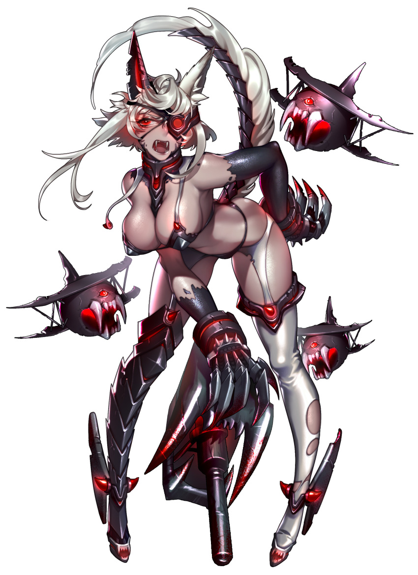 1girl absurdres animal_ears armor armored_boots battleship_girl bent_over between_breasts black_boots black_bra black_panties black_skin boots bra breasts claw_(weapon) dark_skin eyelashes eyepatch facial_mark fangs full_body garter_straps glowing glowing_eyes highres horn large_breasts legs_apart looking_at_viewer looking_to_the_side one_eye_covered open_mouth panties panties_over_garter_belt quuni red_eyes shade shinkaisei-kan short_hair short_hair_with_long_locks sidelocks silver_hair single_thighhigh solo standing stomach tail thigh-highs torn_clothes torn_thighhighs unbuckled underwear weapon white_legwear
