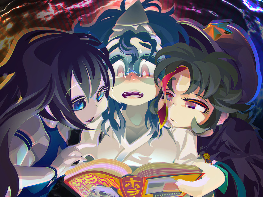 3girls bangs black_hair blue_eyes book bracelet colored_skin commentary_request crying crying_with_eyes_open ghost hair_between_eyes hat_ornament highres holding holding_book japanese_clothes jewelry jiangshi kimono long_hair multiple_girls open_mouth original puffy_short_sleeves puffy_sleeves purple_headwear reading red_eyes shared_book short_hair short_sleeves star_(symbol) star_hat_ornament tears triangular_headpiece upper_body white_kimono white_skin yukiman