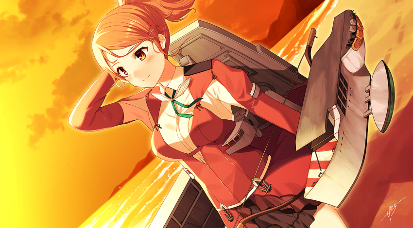 1girl anchor aquila_(kantai_collection) artist_name bow breasts brown_eyes clouds dutch_angle flight_deck hair_ornament hairclip hand_behind_head kantai_collection looking_away medium_breasts ocean orange_sky outdoors ponytail redhead sahuyaiya scenery skirt sky smile solo sunset water
