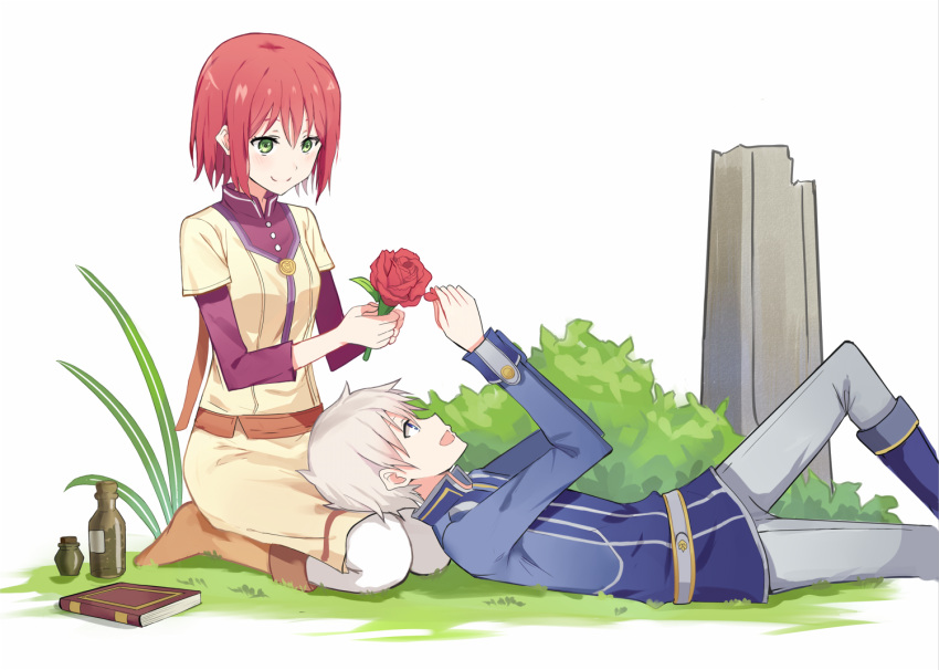 1boy 1girl akagami_no_shirayukihime ankle_boots blue_boots blue_eyes book boots bottle brown_boots bush closed_mouth flower grass green_eyes grey_hair grey_pants holding holding_flower kenkaizar lap_pillow long_sleeves lying on_back on_ground pants red_rose redhead rose seiza shirayuki_(akagami_no_shirayukihime) shirt short_hair short_sleeves sitting skirt smile white_background zen_wistalia