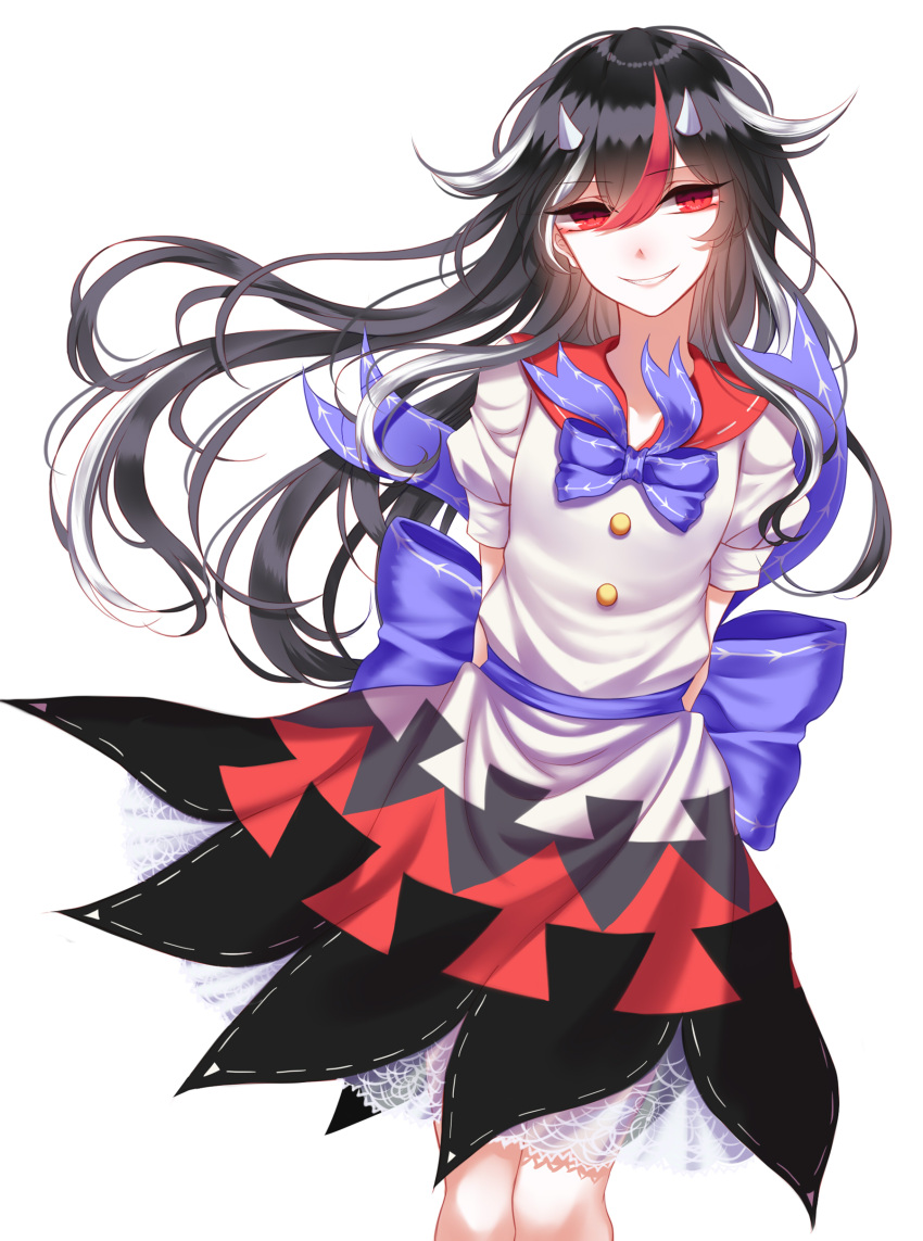 1girl absurdres alternate_hair_length alternate_hairstyle arms_behind_back black_hair blue_bow blue_bowtie bow bowtie cowboy_shot directional_arrow dress highres horns kijin_seija looking_at_viewer multicolored_dress multicolored_hair parted_lips puffy_short_sleeves puffy_sleeves red_eyes redhead sash sheya short_sleeves smile solo streaked_hair touhou white_background white_hair