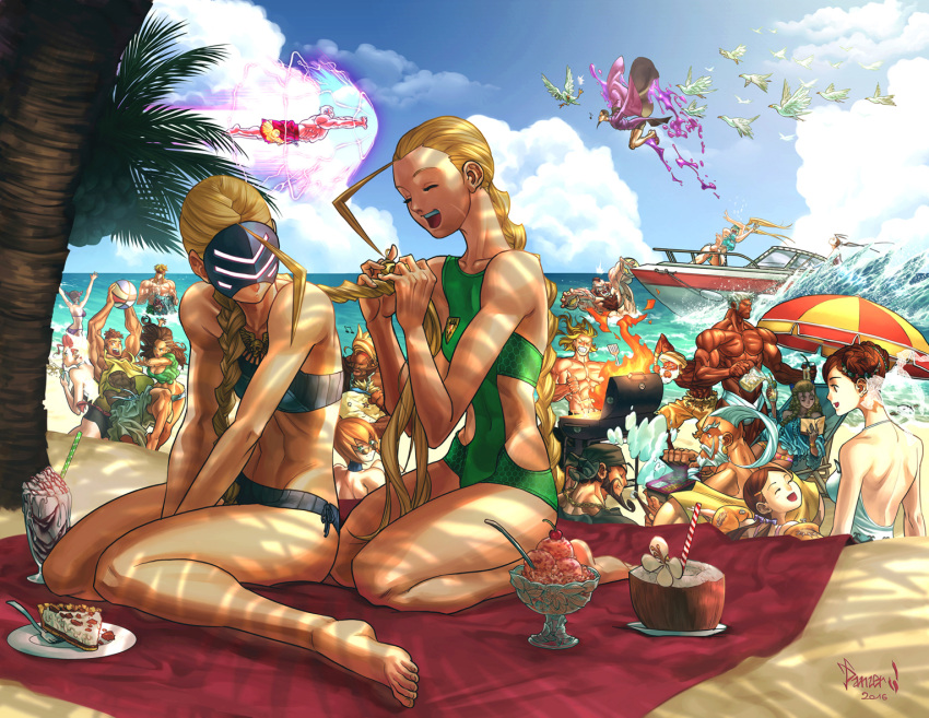 6+boys 6+girls alex_(street_fighter) antenna_hair aura azam bandana beach beach_chair beach_umbrella beard bikini bird birdie_(street_fighter) blue_sky boat braid braiding_hair cake cammy_white chun-li commentary crimson_viper dark_skin decapre dhalsim everyone f.a.n.g facial_hair fire flying food grill grilling hairdressing han_juri ibuki_(street_fighter) ice_cream juni kanzuki_karin ken_masters laura_matsuda li-fen mask multiple_boys multiple_girls ocean palm_tree pnzrk rainbow_mika rashid_(street_fighter) sand sean_matsuda siblings sky smile street_fighter street_fighter_v sunglasses swimsuit toned tree turban umbrella urien vega water watercraft zangief