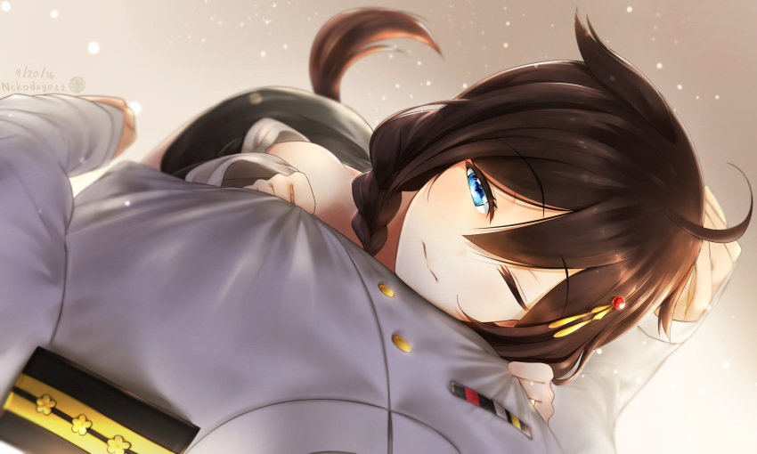 1boy 1girl 2016 admiral_(kantai_collection) ahoge arm_at_side bangs bare_shoulders black_hair blue_eyes blurry braid closed_mouth clothes_grab depth_of_field eyebrows eyebrows_visible_through_hair eyelashes hair_between_eyes hair_flaps hair_ornament hair_over_shoulder hairclip hand_on_another's_head head_out_of_frame highres kantai_collection kemonomimi_mode light_particles long_sleeves looking_at_viewer military military_uniform naval_uniform nekodayo22 off_shoulder one_eye_closed remodel_(kantai_collection) shigure_(kantai_collection) single_braid sleeves_past_wrists solo_focus tail twitter_username uniform