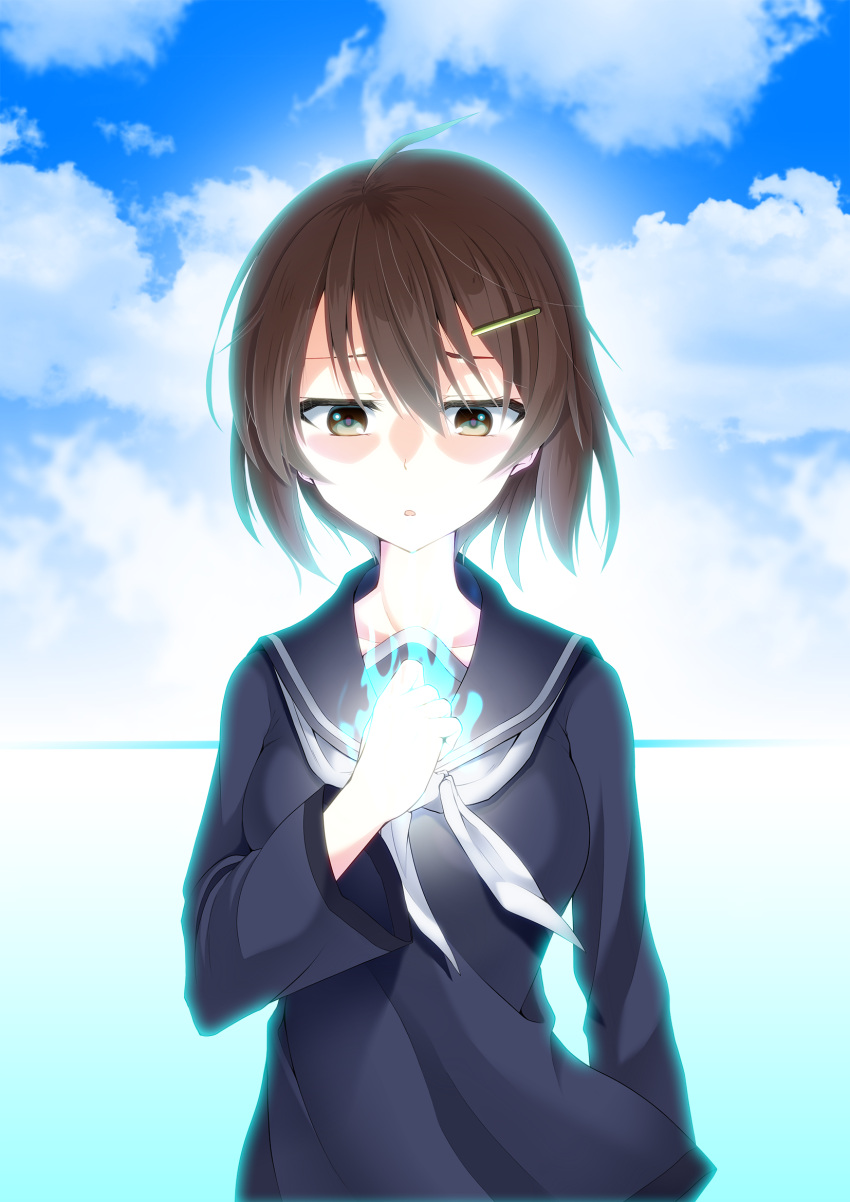 1girl ahoge aura brave_witches breasts brown_eyes brown_hair clenched_hand clouds cloudy_sky collarbone commentary_request glowing hair_between_eyes hair_ornament hairclip highres hinata_kokage horizon karibuchi_hikari long_sleeves looking_at_hand magic ocean open_mouth ribbon school_uniform serafuku short_hair sky solo solo_focus white_ribbon wind wind_lift world_witches_series