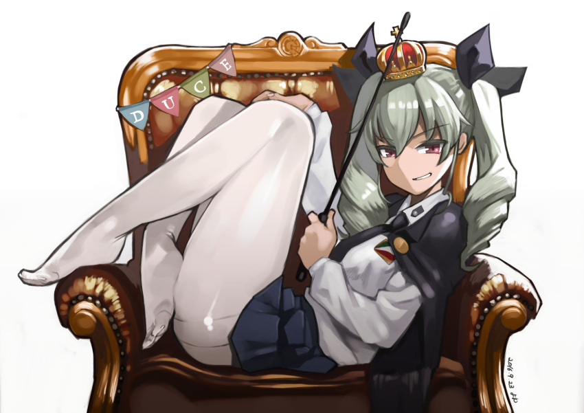 1girl absurdres anchovy aqua_hair cape chair crown drill_hair girls_und_panzer grin hair_ribbon highres long_hair looking_at_viewer necktie pantyhose ribbon riding_crop simple_background sitting skirt smile solo thighband_pantyhose twin_drills violet_eyes whip white_background white_legwear yomu_(sgt_epper)