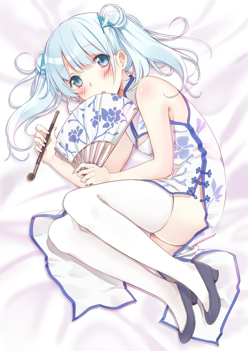 1girl :o bed_sheet blue_eyes china_dress chinese_clothes double_bun dress fan floral_print highres holding kuuki_shoujo light_blue_hair long_hair lying on_side pelvic_curtain pipe side_slit sleeveless solo the_personfication_of_atmosphere thigh-highs twintails white white_legwear