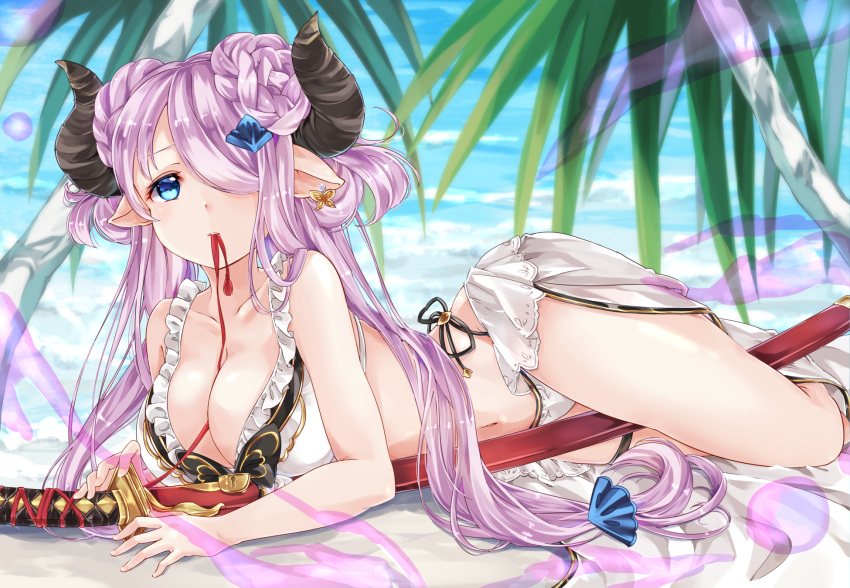 1girl alternate_costume beach bikini blue_eyes breasts cleavage day demon_horns doraf fujikitsune granblue_fantasy hair_over_one_eye highres horns katana large_breasts lavender_hair long_hair looking_at_viewer low_twintails lying midriff mouth_hold narumeia_(granblue_fantasy) on_stomach outdoors palm_tree pointy_ears sand sheath sheathed solo swimsuit sword thigh_strap thighs tree twintails weapon white_bikini