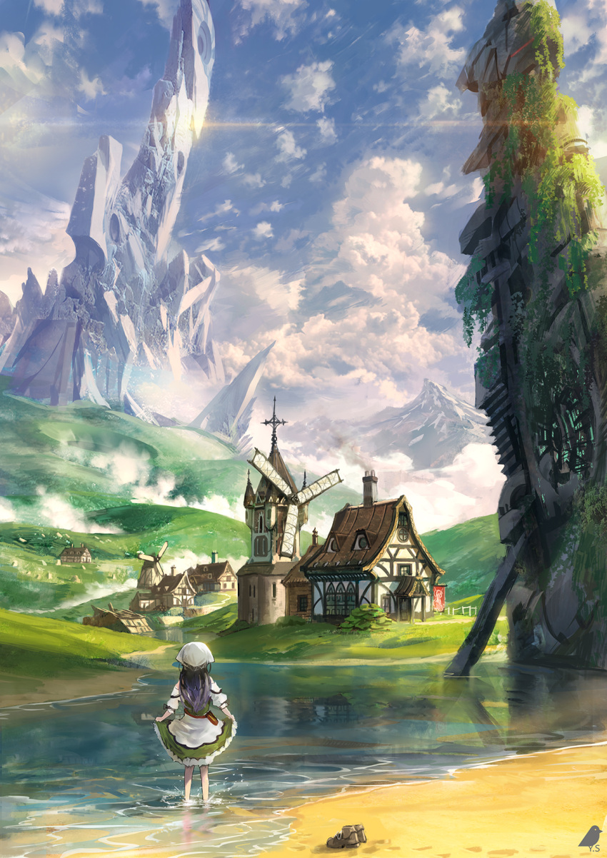 1girl artist_name barefoot building clouds cloudy_sky detached_sleeves dress facing_away fantasy footprints from_behind half-timbered hat head_scarf highres house in_water long_hair megastructure moss mountain original outdoors pond purple_hair reflection sand scenery shoes_removed skirt_hold sky solo splashing standing village wading white_hat windmill you_(shimizu)