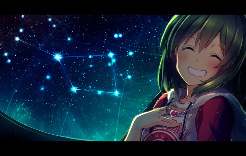 1girl ^_^ bangs blush closed_eyes clothes_writing constellation diffraction_spikes drawstring dutch_angle eyes_visible_through_hair facing_viewer green_hair grin hair_between_eyes hand_on_own_chest heart heart_necklace hood hood_down hoodie idolmaster idolmaster_million_live! ima_(lm_ew) letterboxed nagayoshi_subaru raglan_sleeves sky smile solo sparkle star_(sky) starry_sky upper_body winged_heart