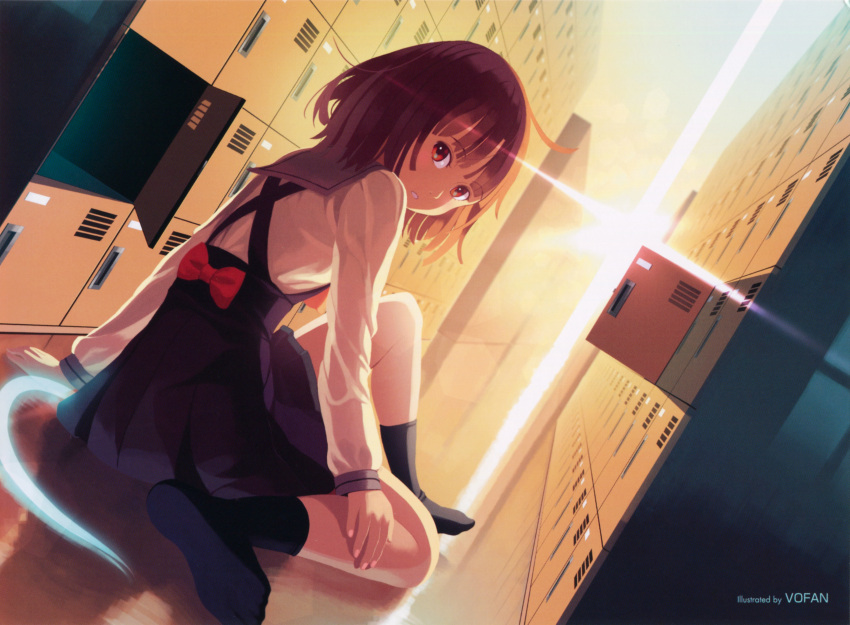 1girl absurdres ahoge bakemonogatari brown_eyes brown_hair highres looking_at_viewer looking_back monogatari_(series) no_shoes official_art on_ground ribbon scan school_uniform sengoku_nadeko short_hair sitting_on_ground snake socks vofan