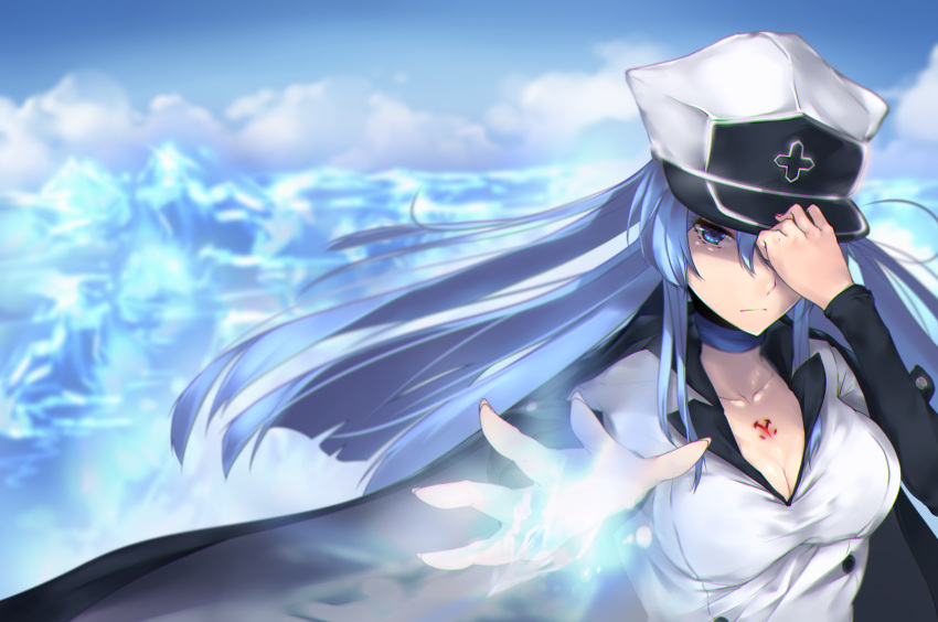 1girl absurdres adjusting_clothes adjusting_hat akame_ga_kill! blue_eyes blue_hair breasts choker cleavage esdeath hat highres hplay ice large_breasts long_hair looking_at_viewer military military_uniform peaked_cap solo tattoo uniform
