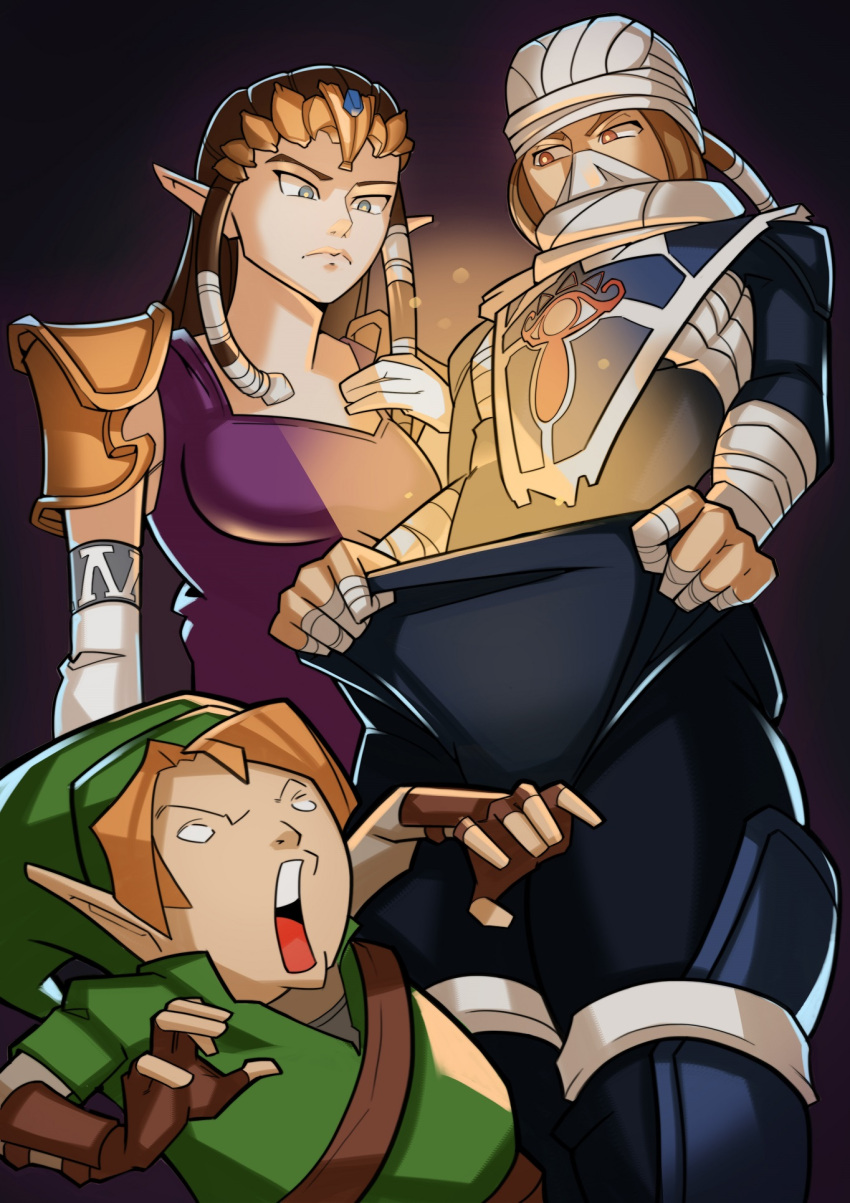 1boy 2girls blonde_hair brown_hair dress dual_persona highres link long_hair multiple_girls open_mouth pointy_ears princess_zelda reverse_trap sheik splashbrush super_smash_bros. the_legend_of_zelda the_legend_of_zelda:_ocarina_of_time the_legend_of_zelda:_twilight_princess