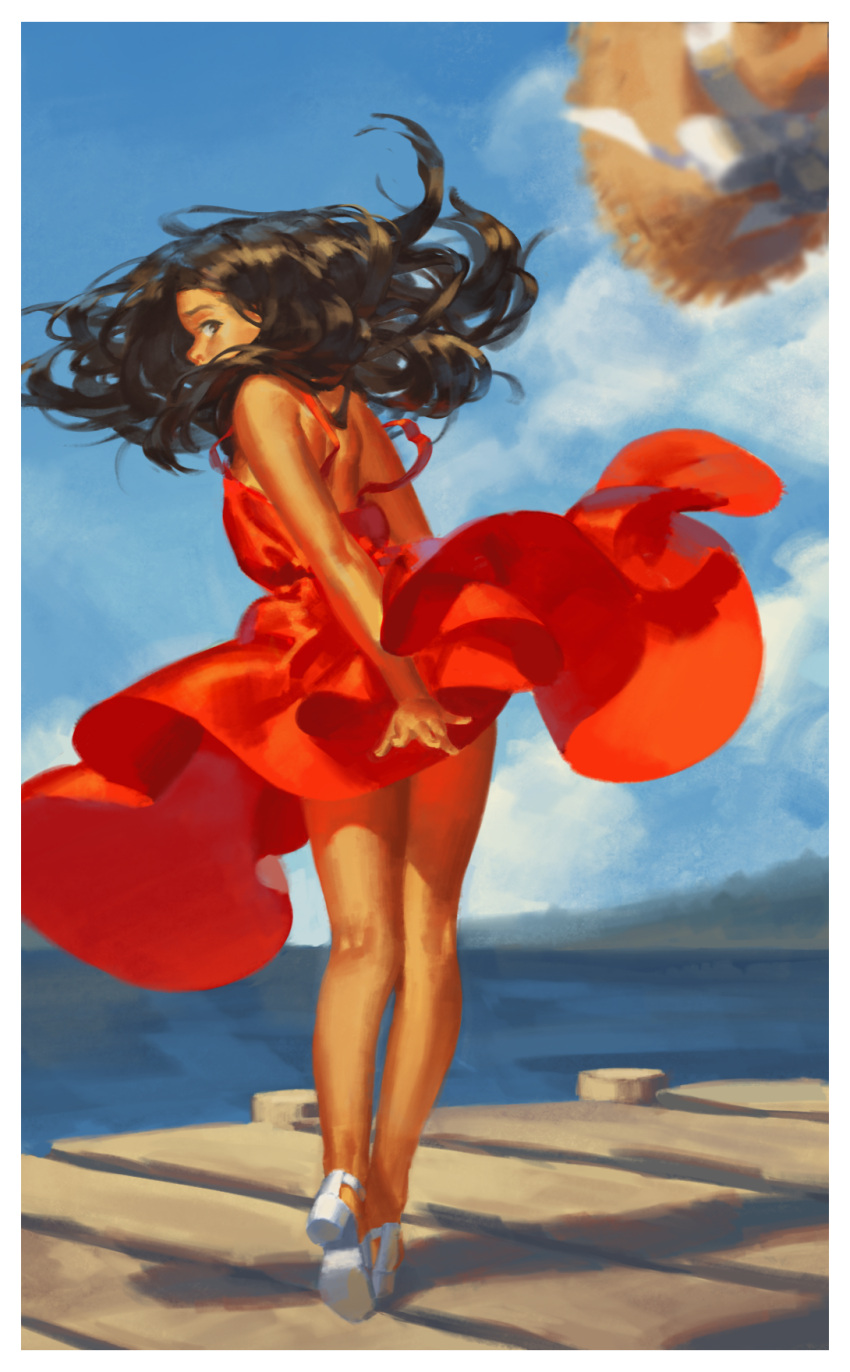 1girl blurry bow brown_eyes brown_hair clouds coast dark_skin depth_of_field dock dress hair_blowing hat hat_bow high_heels highres kneepits legs long_hair looking_back ocean original pachyphytum red_dress shoes sky solo strappy_heels sun_hat sundress white_bow white_shoes wind