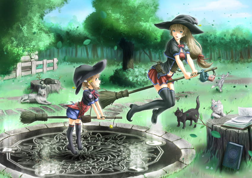 2girls age_difference bag bangs belly_peek black_boots black_legwear blue_eyes book boots bow bowtie breasts broom broom_riding brown_hair cat cleavage corset crystal dog fence floating forest grass green_eyes grimoire hair_bobbles hair_ornament hair_ribbon hat highres jewelry leaf light_brown_hair long_hair looking_at_another looking_back low-tied_long_hair lying magic magic_circle medium_breasts multiple_girls nature navel necklace on_stomach open_book open_mouth original outdoors parsue pendant pleated_skirt pointy_shoes pouch profile puffy_short_sleeves puffy_sleeves radio red_ribbon red_skirt ribbon runes sack satchel shoes short_sleeves skirt stepping_stones teaching thigh-highs thigh_boots tongue tongue_out tree tree_stump underbust witch witch_hat wooden_fence