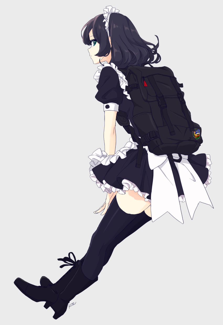 1girl ankle_boots apron aqua_eyes artist_name backpack bag black_boots black_dress black_hair black_legwear boots closed_mouth crossed_legs dress expressionless from_side full_body high_heels highres kise_(swimmt) maid maid_headdress original profile puffy_short_sleeves puffy_sleeves short_sleeves signature solo thigh-highs waist_apron