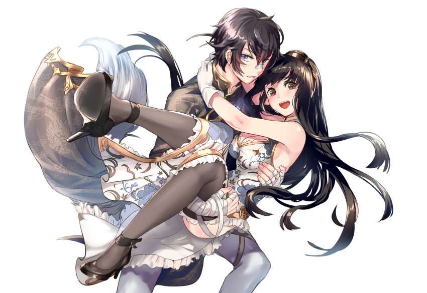 1boy 1girl :d aki663 arms_around_neck ayer bandaged_hands bandages bandaid bandaid_on_nose bangs black_eyes black_hair black_legwear black_shoes blue_eyes blush breasts brother_and_sister carrying changpao china_dress chinese_clothes cleavage dress eyelashes floral_print frills gloves goggles goggles_on_head granblue_fantasy grey_pants hair_between_eyes high_heels highres jessica_(granblue_fantasy) long_hair looking_at_viewer medium_breasts open_mouth pants pelvic_curtain princess_carry print_dress shoes siblings sleeveless sleeveless_dress smile standing thigh-highs thigh_strap white_gloves
