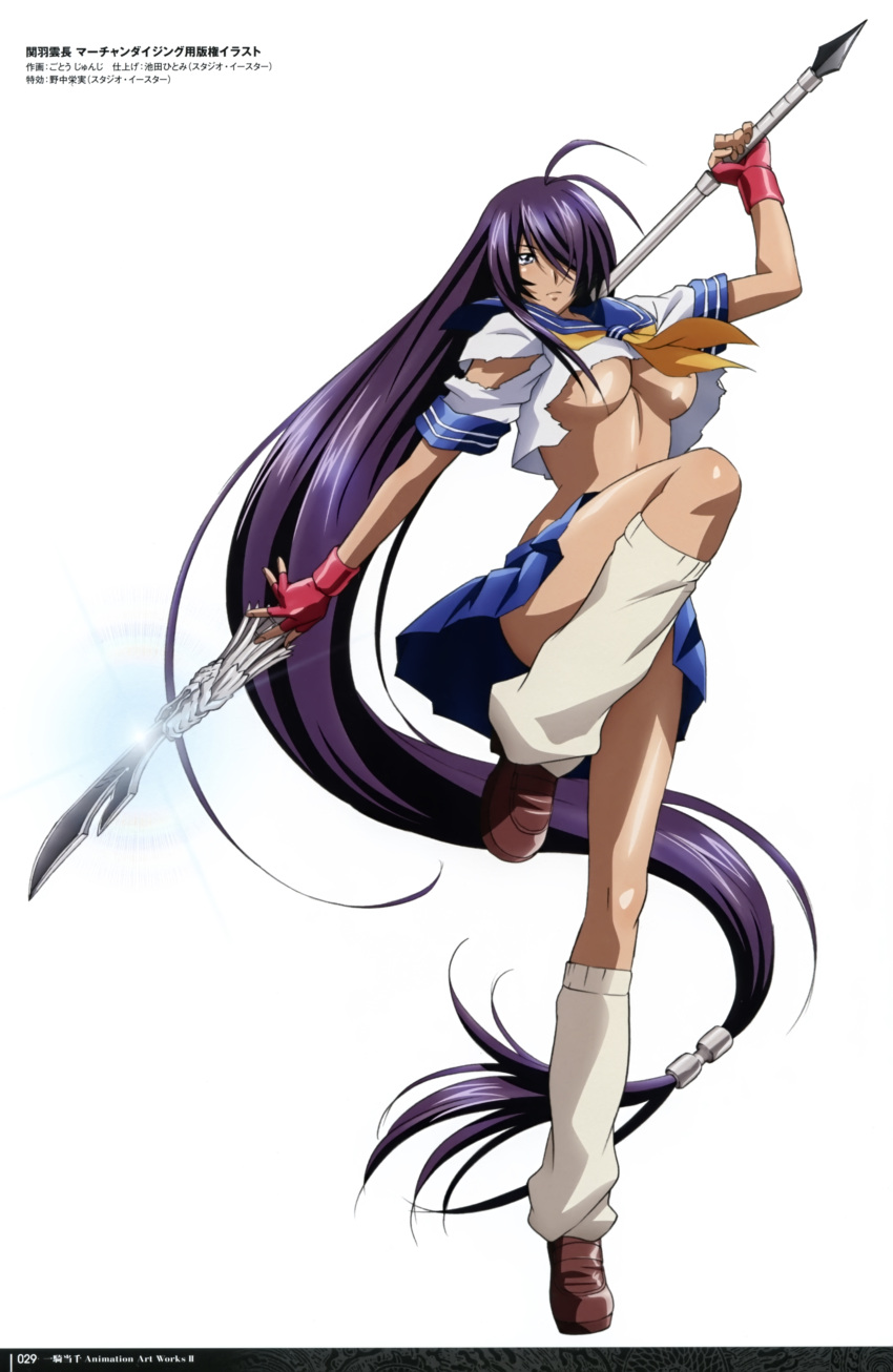 1girl absurdly_long_hair absurdres blue_skirt breasts cleavage gotou_junji hair_ornament hair_over_one_eye highres holding holding_weapon ikkitousen kan'u_unchou large_breasts long_hair low-tied_long_hair pleated_skirt polearm purple_hair shirt simple_background skirt solo tied_hair torn_clothes torn_shirt under_boob very_long_hair weapon white_background white_legwear white_shirt