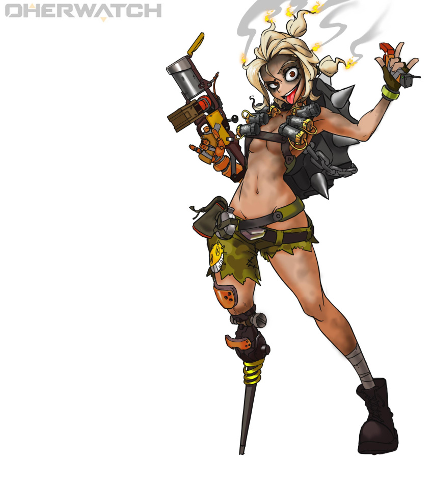 1girl \m/ absurdres bandaged_leg belt boots breasts brown_boots brown_hair burnt_hair chain crazy_eyes detonator dirty dirty_face explosive finger_on_trigger fingerless_gloves full_body genderswap genderswap_(mtf) gloves grenade grenade_launcher groin gun harness highres holding holding_gun holding_weapon junkrat_(overwatch) looking_at_viewer mechanical_arm medium_breasts muhut navel open_mouth overwatch peg_leg pinky_out pouch shorts simple_background single_boot smoke solo spikes standing tire title_parody tongue tongue_out torn_clothes torn_shorts under_boob weapon white_background