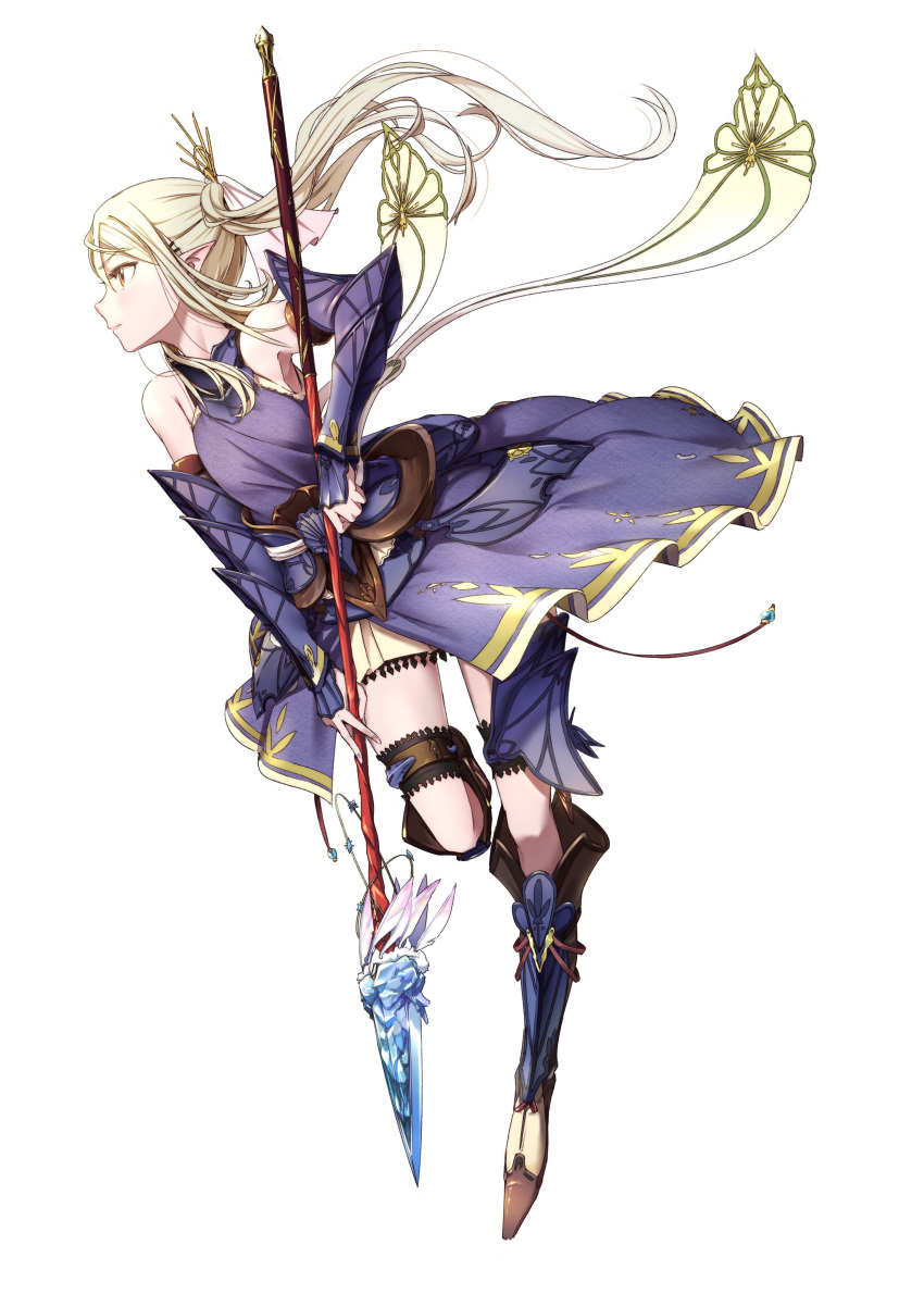 1girl absurdres armor bare_shoulders blonde_hair boots elbow_gloves feathers fingerless_gloves fingernails full_body gauntlets gloves hair_ornament hairclip highres long_hair looking_to_the_side pointy_ears polearm pomon_illust ponytail sash showgirl_skirt simple_background sleeveless solo spear standing standing_on_one_leg swerzan_lord thigh-highs thigh_boots thigh_strap weapon white_background yellow_eyes