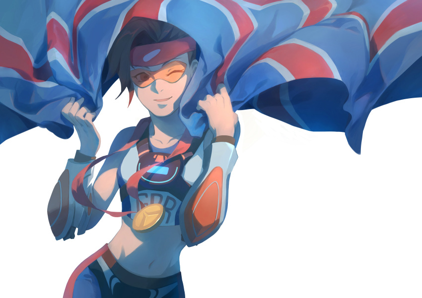 1girl absurdres alternate_costume bare_shoulders brown_eyes brown_hair cowboy_shot crop_top flag goggles groin harness headband highres medal midriff navel open_mouth overwatch short_hair shorts simple_background smile solo spiky_hair sprinter_tracer stomach strap tracer_(overwatch) union_jack vambraces white_background