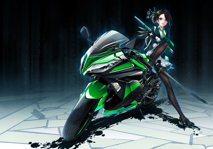 1girl bag between_fingers black_gloves black_hair black_legwear black_shoes blazer blue_eyes breast_hold breasts closed_mouth collared_shirt commentary_request dress_shirt eyelashes full_body gloves green_nails ground_vehicle hair_ornament hair_stick hamada_youho highres holding holding_sword holding_weapon jacket katana kawasaki knee_up kunai long_sleeves looking_at_viewer medium_breasts miniskirt motor_vehicle motorcycle nail_polish original pleated_skirt red_lips scabbard sheath shirt shoes shoulder_bag shuriken side_ponytail sitting skirt solo sphere splatter sword thigh-highs unsheathed weapon white_shirt white_skirt