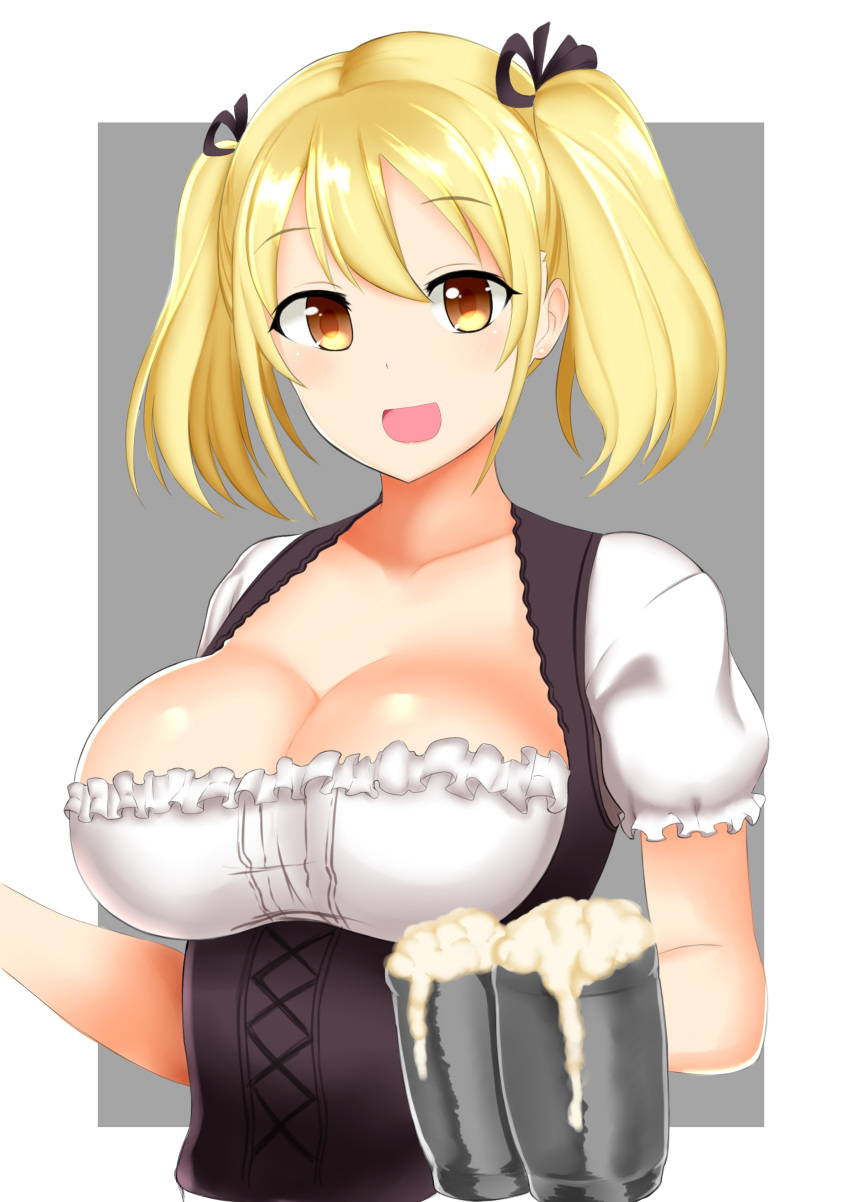 1girl absurdres alcohol andy_(luffytaku) beer beer_mug blonde_hair breasts dirndl german_clothes hair_ribbon highres large_breasts open_mouth original ribbon short_twintails solo twintails underbust waitress yellow_eyes