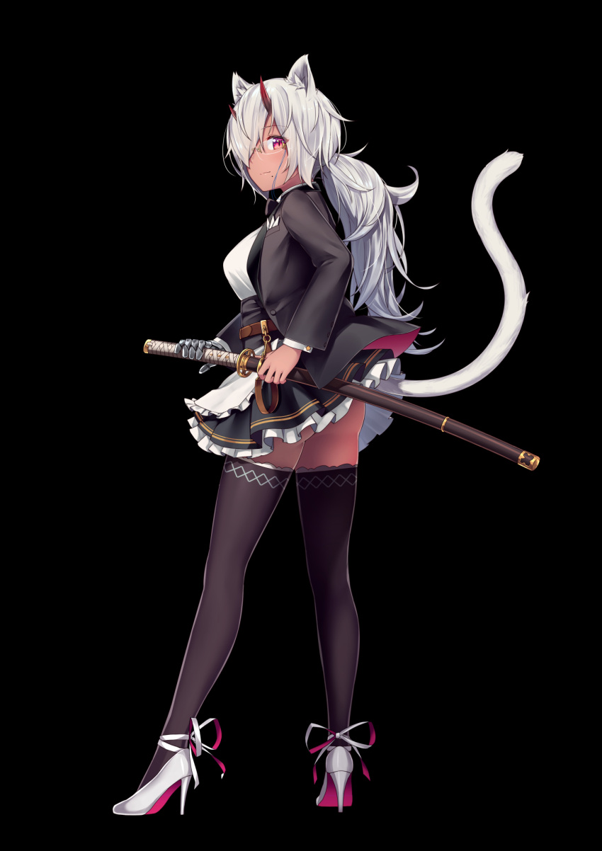 1girl animal_ears ankle_ribbon apron belt black_background black_bow black_bowtie black_legwear black_skirt blazer bow bowtie breasts buttons cat_ears cat_tail closed_mouth dark_skin formal frilled_apron frills from_behind full_body glasses hair_over_one_eye high_heels highres holding holding_sword holding_weapon horns jacket katana large_breasts legs_apart long_sleeves looking_at_viewer looking_back low_ponytail mechanical_hand miniskirt mole mole_under_mouth ninnzinn one_eye_covered oni_horns open_blazer open_clothes open_jacket original pink_eyes pleated_skirt pocket ready_to_draw ribbon rimless_glasses sash shirt shoes silver_hair simple_background skirt smile solo standing sword tail upskirt waist_apron weapon white_apron white_ribbon white_shirt white_shoes