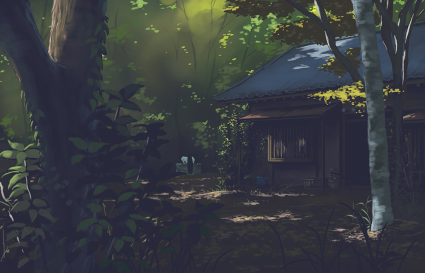 1girl black_hair bucket commentary_request crate doora_(dora0913) forest grass house leaf nature scenery sketch solo the_ring tree well when_you_see_it yamamura_sadako