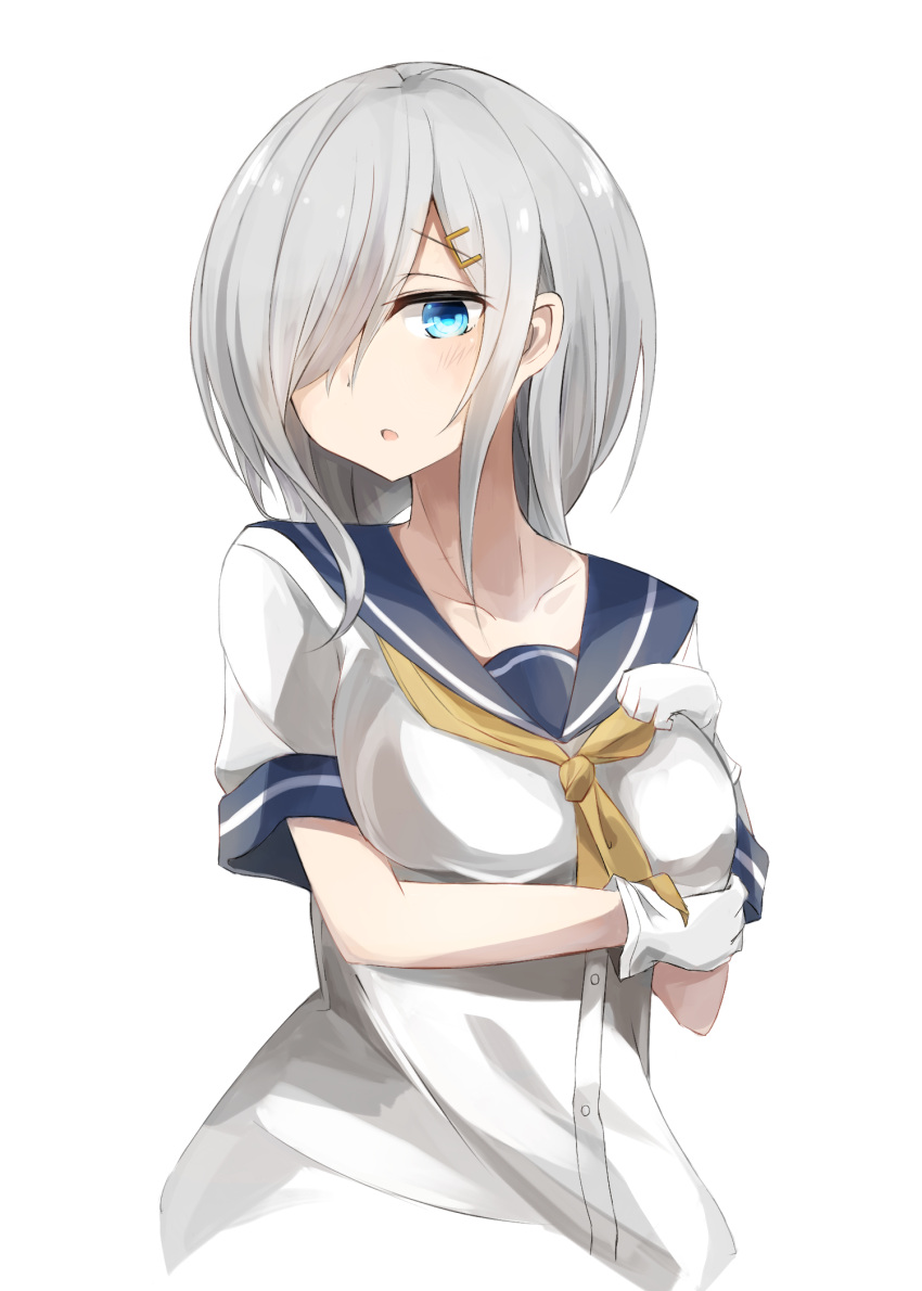 1girl :o breasts collarbone gloves hair_ornament hair_over_one_eye hairclip hamakaze_(kantai_collection) hand_on_own_chest highres kantai_collection large_breasts long_hair miyabino_(miyabi1616) neckerchief open_mouth school_uniform serafuku short_sleeves silver_hair simple_background solo upper_body white_background white_gloves